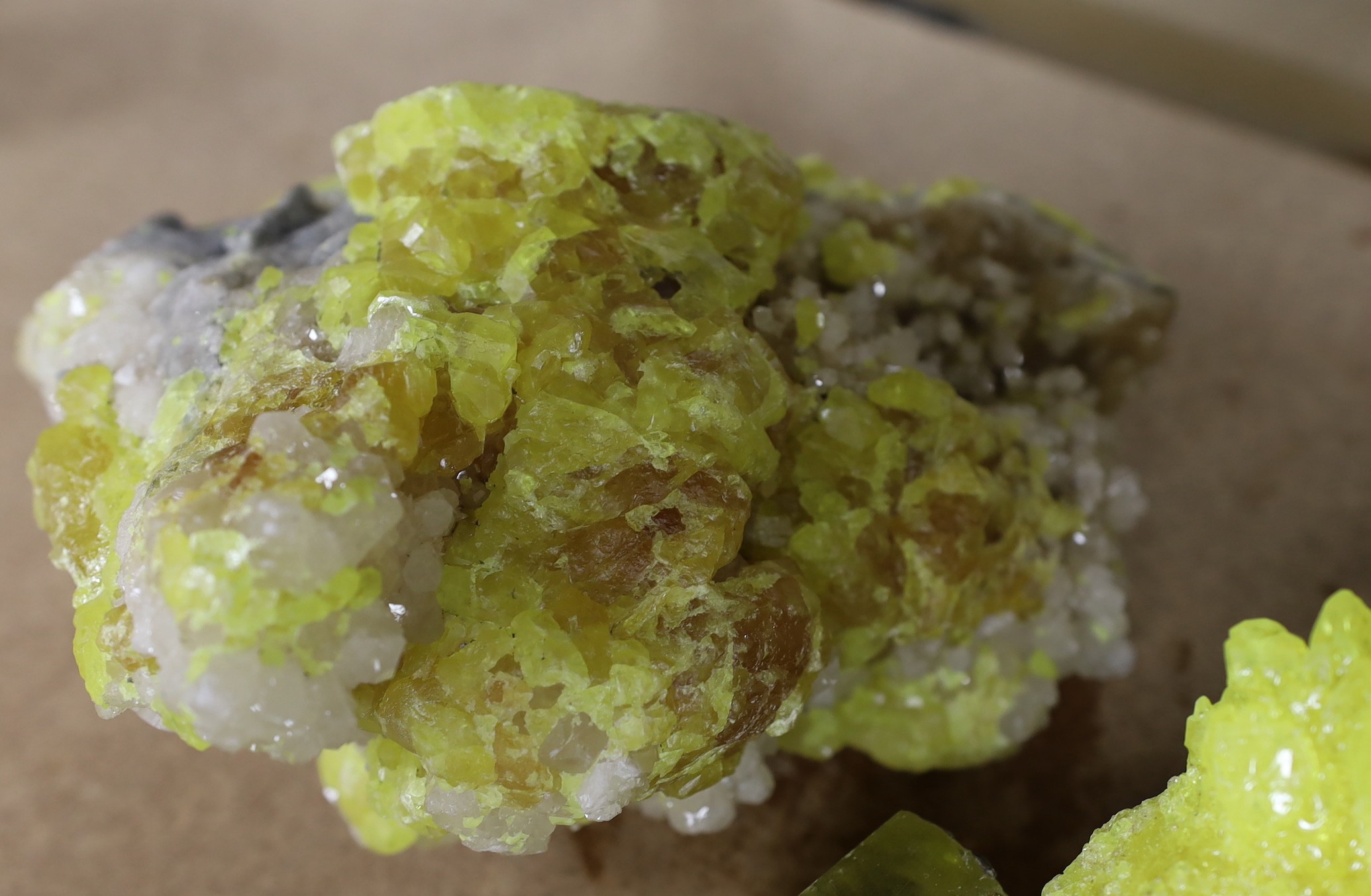 Three sulphur crystals, largest 13cm x 23cm